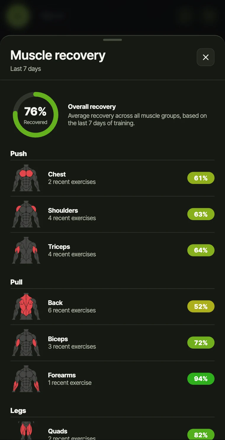 The full Muscle recovery list grouped Push, Pull, Legs