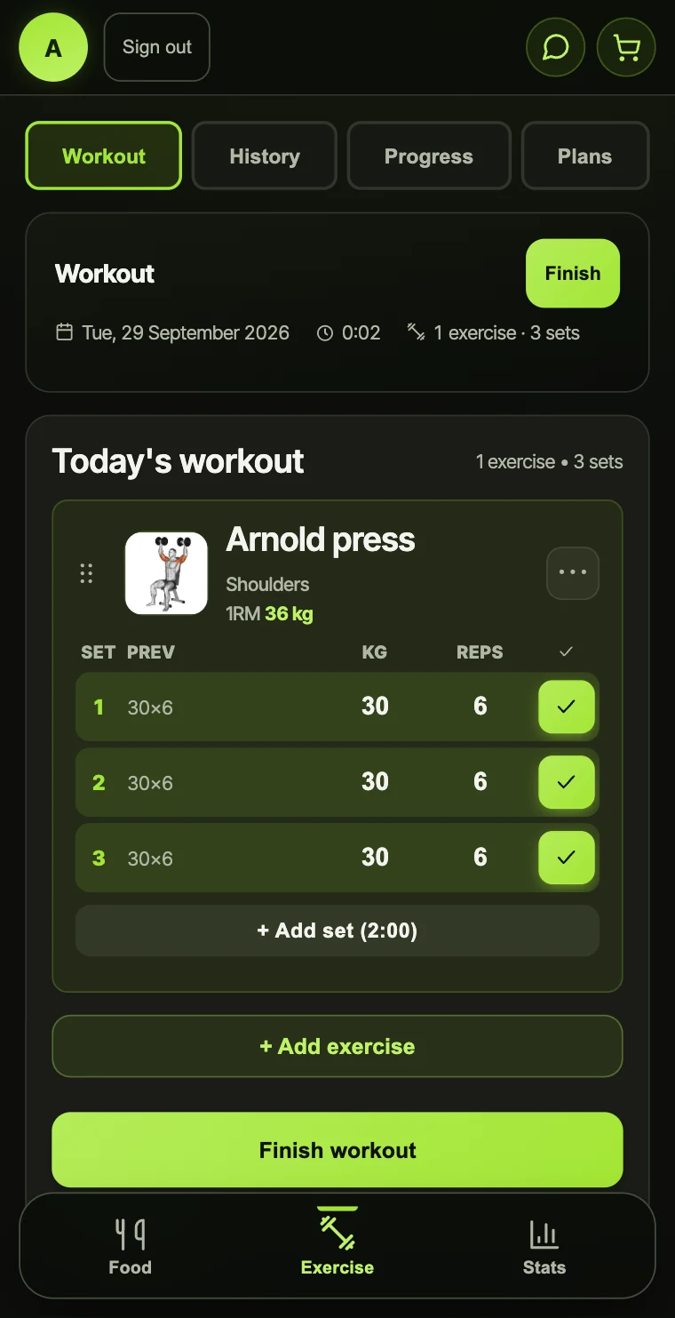 A workout in progress with a set table and previous session