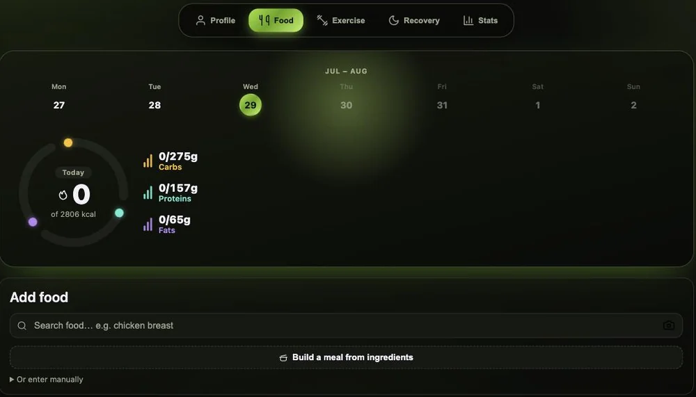 The Food tab of FitnessMaxxing, showing a week strip, a calorie ring reading 0 of 2806 kcal, carbohydrate, protein and fat targets, and a food search field.