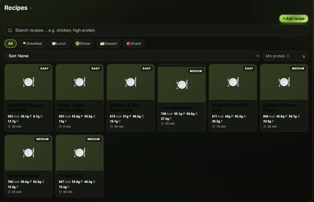 The recipe library inside the Food tab, showing a search field, meal-type filters, a sort control, a minimum-protein filter, and a grid of recipe cards each listing calories, protein, carbohydrate, fat and prep time.