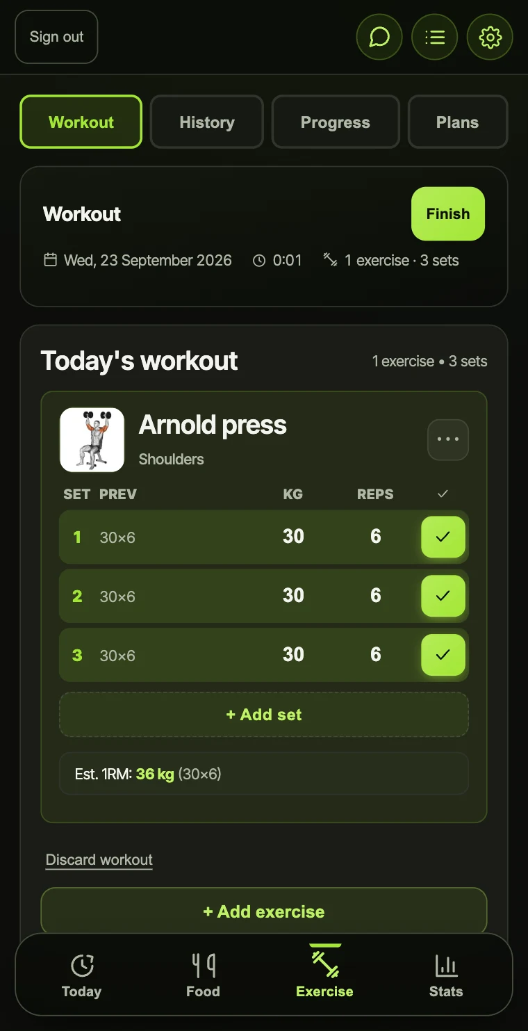 The Exercise tab mid-session: sets logged against Bench press with weight, reps and an estimated 1RM.